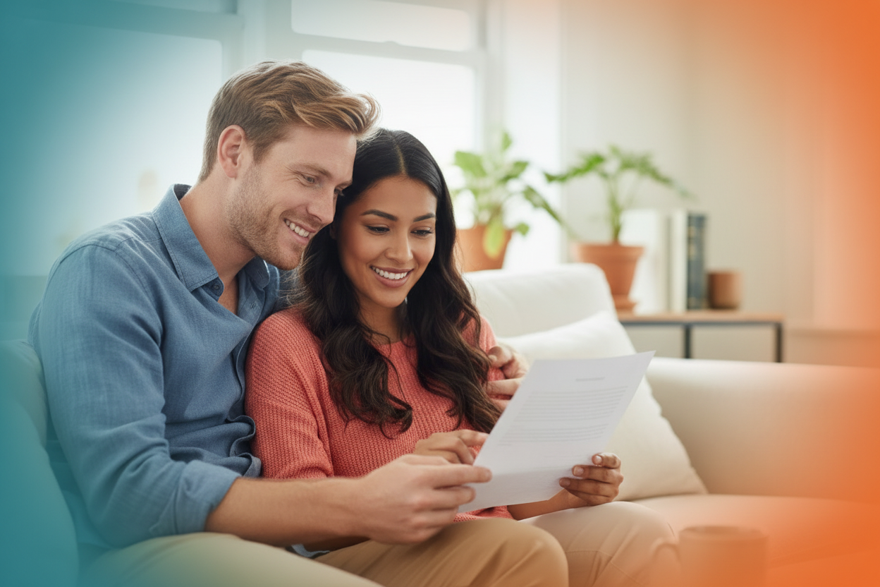 una pareja de 35 años, el norteamericano ella latina, estan viendo una hoja sentados juntos estan felices y tranquilos